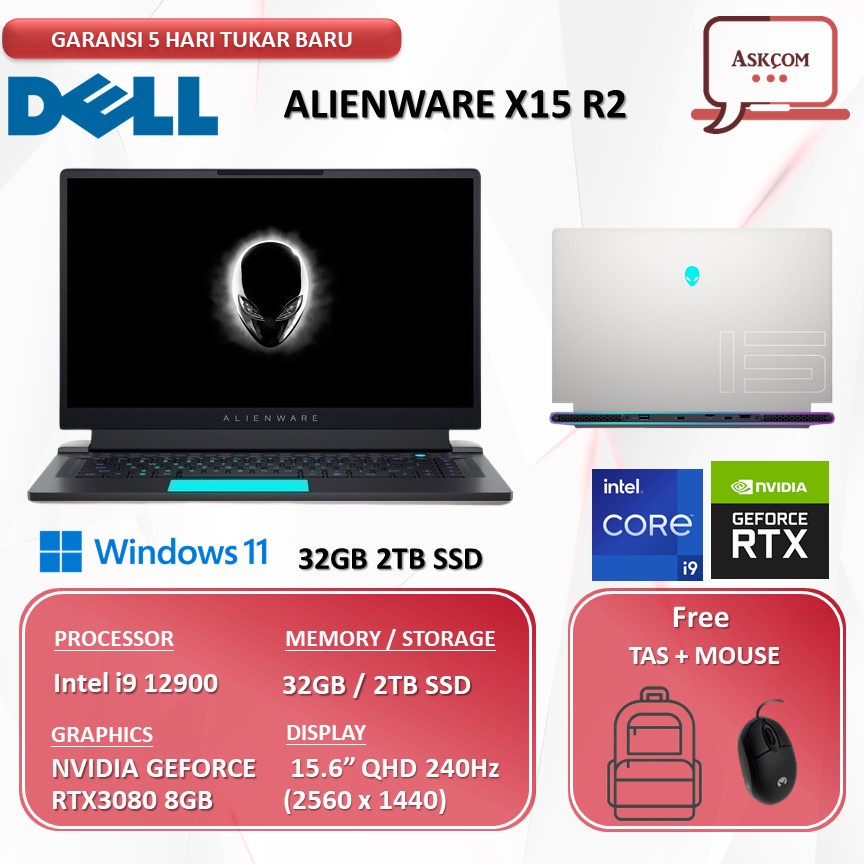 Laptop Gaming Dell Alienware X15 R2 RTX3080 8GB i9 12900 32GB 2TB SSD W11 15.6QHD 240HZ