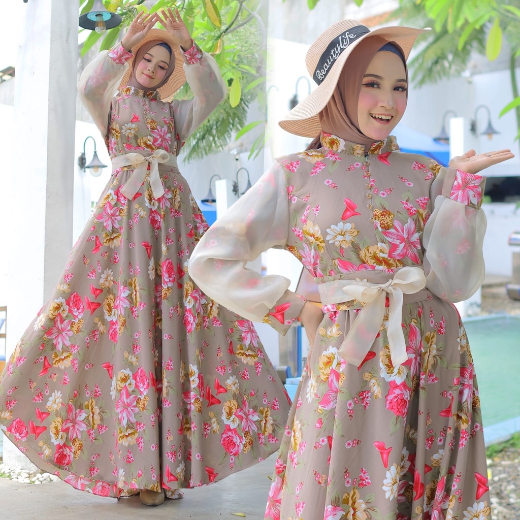 HOPYLOVY Maxi Dress Motif Bunga Tiara bahan Moscrepe