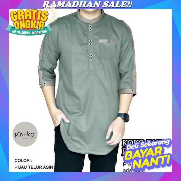 Baju Muslim Kemeja Koko Lengan Panjang Pria Dewasa Modern Hijau Sage Kurta Bahan Katun Oxford Denim 