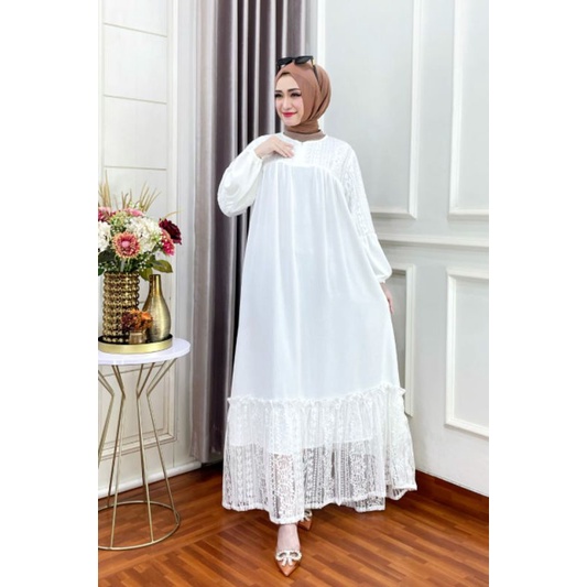 Gamis Crinkle Airflow Premium Model Kombinasi Brokat LD 120 Busui Resleting Lengan Panjang Dress Gam