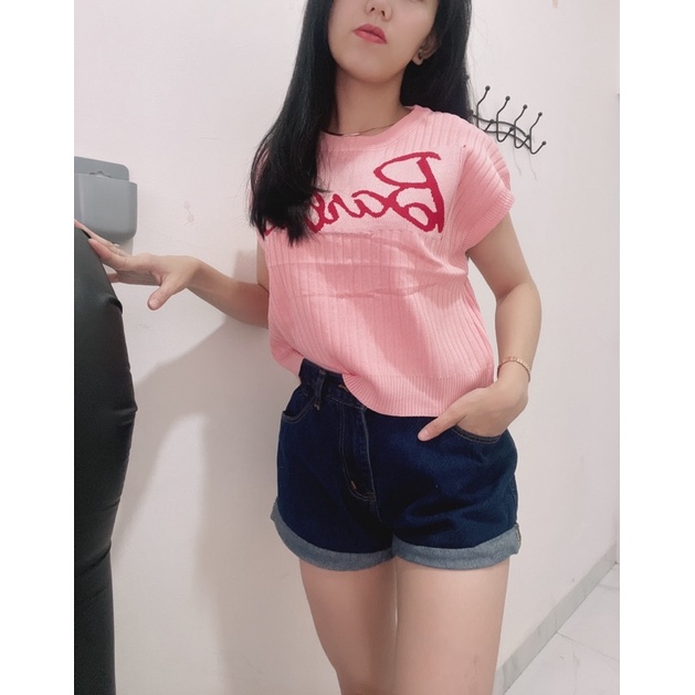 Croptop knit barbieesd | top import rajut lengan pendek pink wanita | top import rajut korean fashion wanita | aquarius boutique89