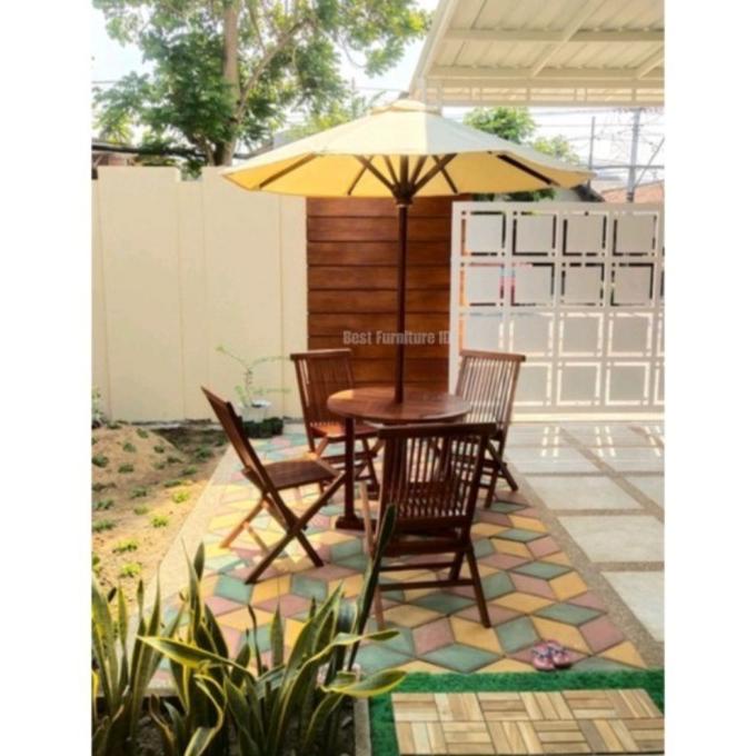 Meja Kursi Jati Payung Taman Minimalis Cafe Diameter 80 Cm [Ready]