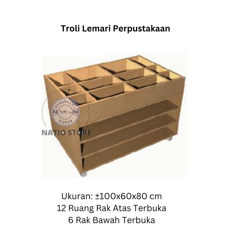

Troli Lemari Perpustakaan Roda 12 Ruang Rak Atas & 6 Rak Bawah Terbuka