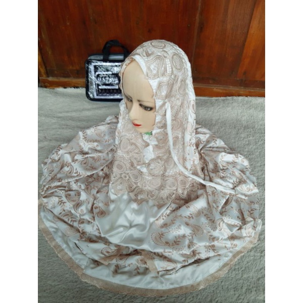 Mukena SUTRA JEPANG ORI renda PRADA terusan lajuran dewasa  putih cantik ELEGAN