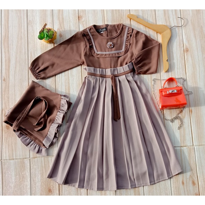 PROMO BAJU GAMIS ANAK PEREMPUAN MUSLIM CHERYA SERIES 7-9 TAHUN SET HIJAB - MILO, NO.7 TRENDY KEKINIA