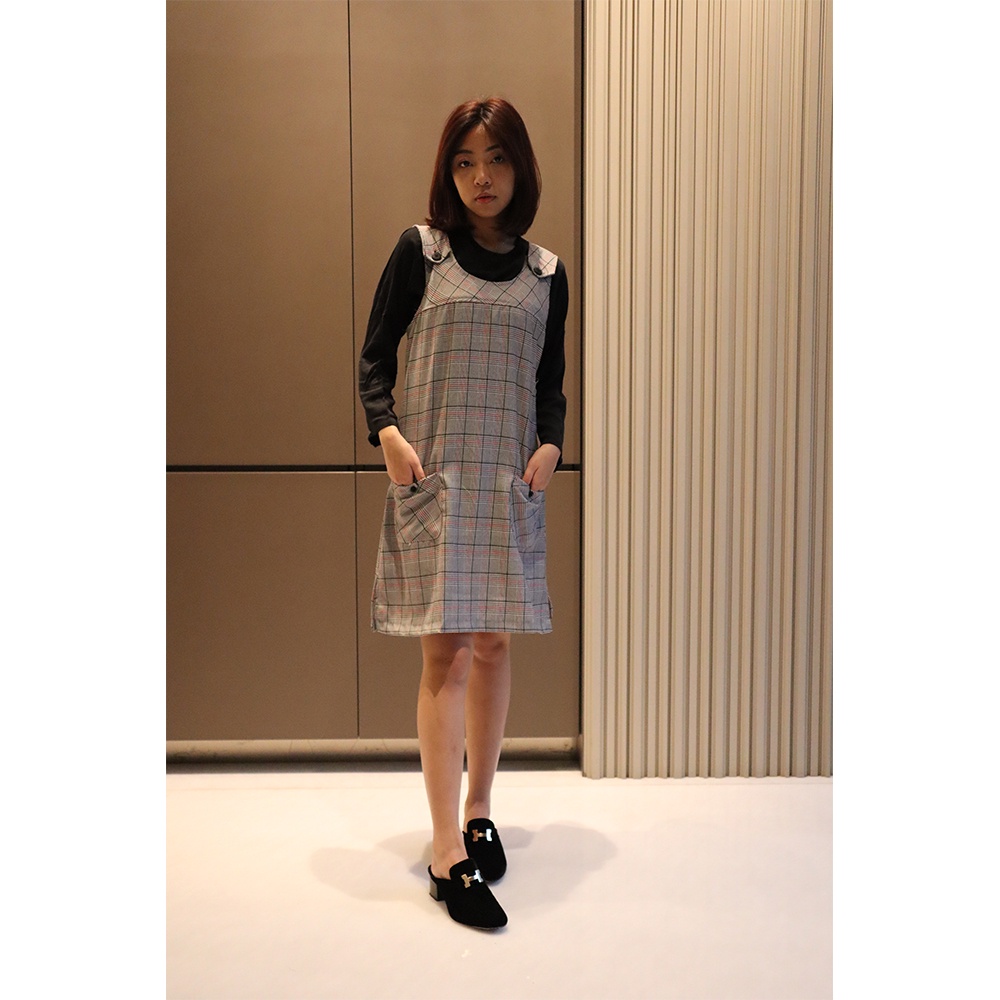 Tunik Atasan Missty Wanita One Set Outer Warna Abu Motif Kotak Hitam Pink Inner Hitam Variasi Kantun