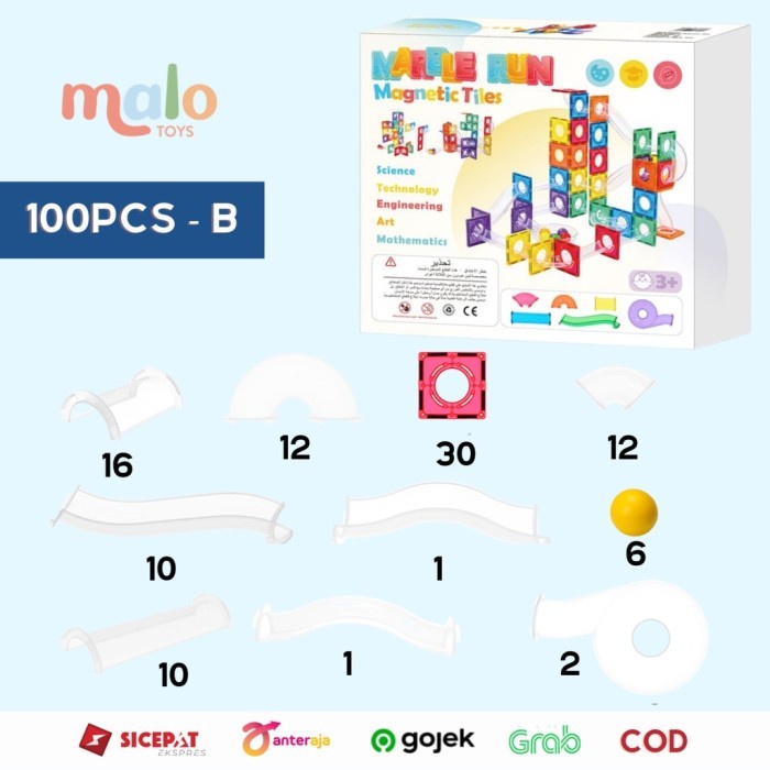 MNTL Marble Run 88 Pcs 100 Pcs Warna TRANSPARENT CLASSIC Malo Toys