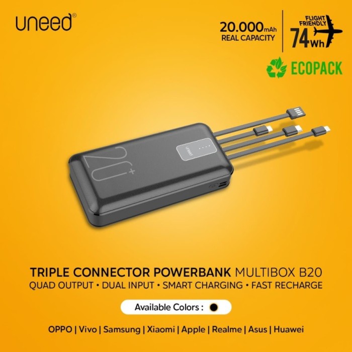 POWERBANK UNEED B20 20000MAH BUILT IN CABLE FAST CHARGING 2.1A