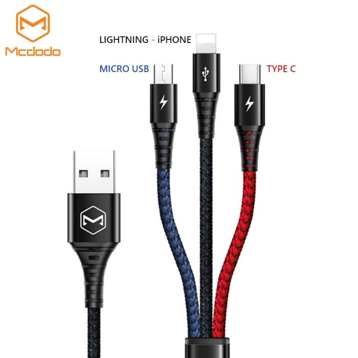 Terbaru Kabel Charger 3 in 1 (micro USB, Type C, iPhone) Mcdodo CA 622 1.2 M