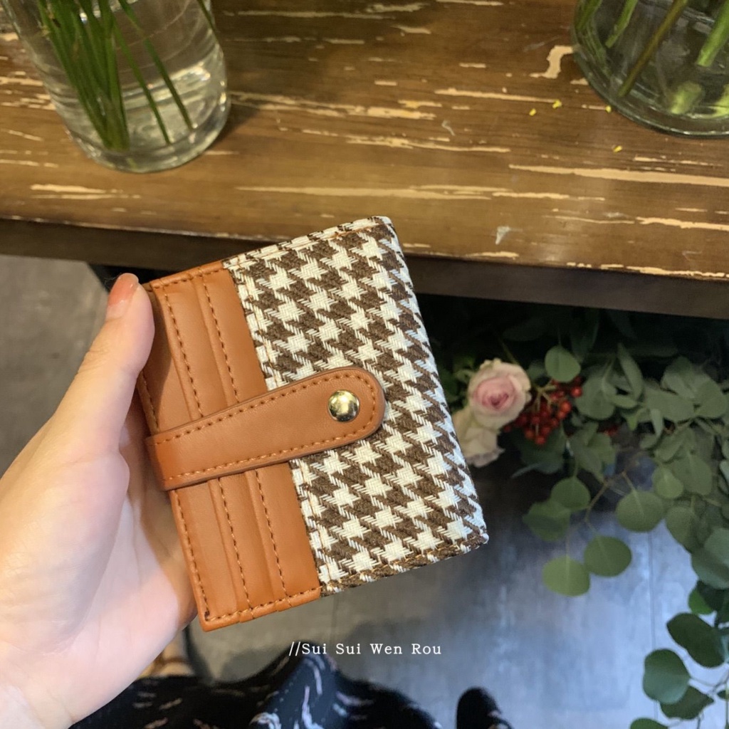 Sera film retro perasaan in angin dompet wanita multi-fungsional musim gugur dan musim dingin retro houndstooth kompak kartu tas bus kartu bank