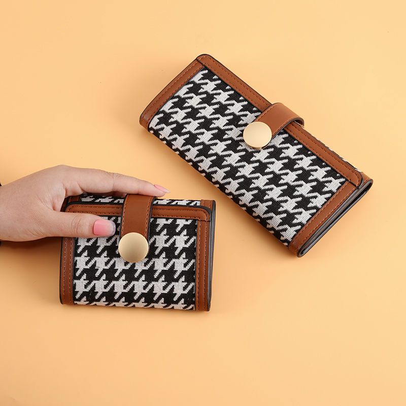 Sera baru kanvas houndstooth dompet kecil wanita paragraf pendek warna kontras lipat klip koin multi-kartu gesper tas genggam panjang