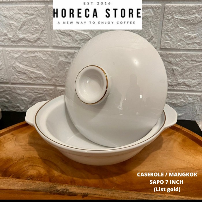 Mangkok sapo keramik 7 inch putih list emas Indokeramik Caserole
