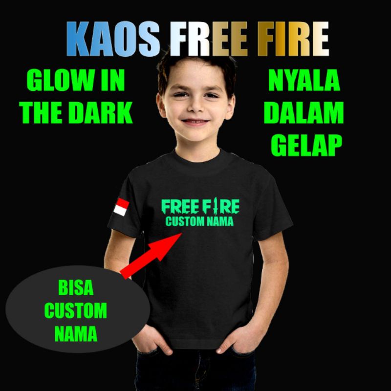 KAOS CUSTOM ANAK FREE FIRE GLOW IN THE DARK NYALA DALAM GELAP