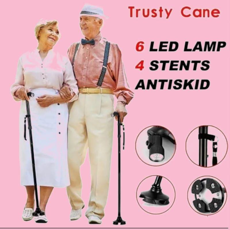 Tongkat Duduk Lipat (KEMENKES) / Tongkat Kursi Lipat / Kursi Bangku Sholat /Tongkat Jalan Orang Tua Lansia Stainless / Tongkat Lipat Lampu LED/Alat Bantu Jalan Orang Tua Trusty Cane