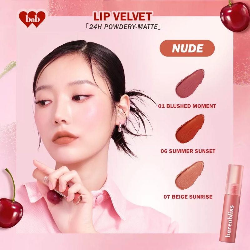 BNB barenbliss Cherry Makes Cheerful Lip Velvet korea  | Lipcream | Lipstick BPOM「24H Moisturizing」Bare n bliss Lip Cream