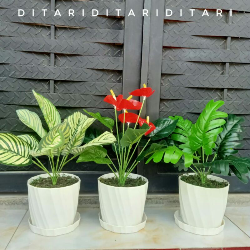 Set daun hias monstera bunga anthurium tanaman hia pot sudut bunga artifisial dekorasi rumah