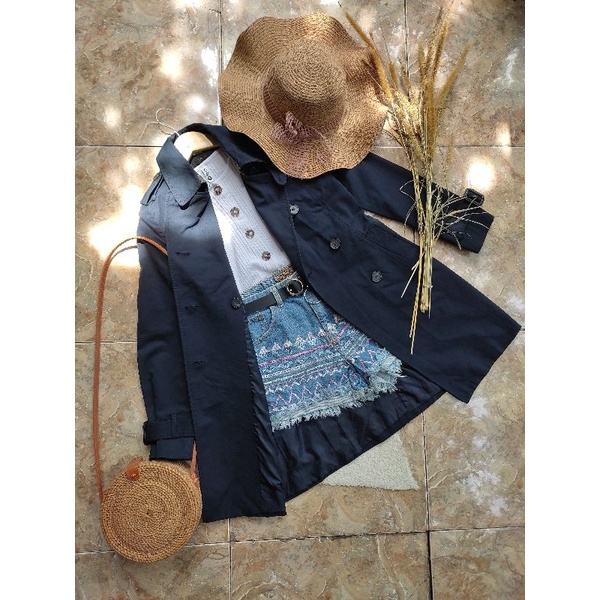 preloved long coat navy katun mantel wanita