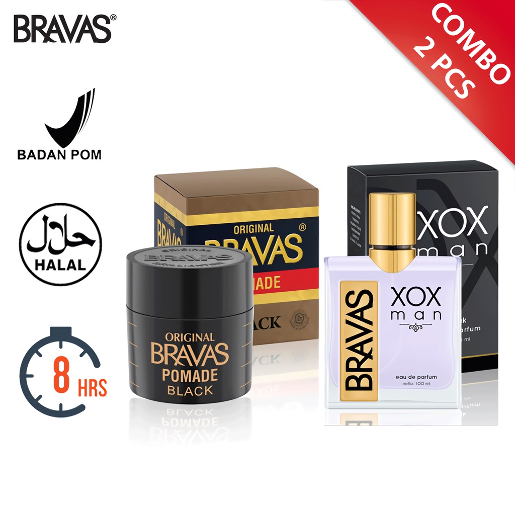 BRAVAS Pomade Brilliantine & Parfum Pria XOX Man COMBO 2 Pcs Minyak Rambut Oil Base Perfume Spray Ha