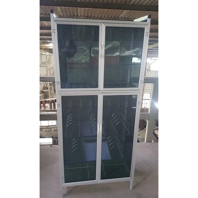 rak piring lemari piring aluminium kaca 2 pintu