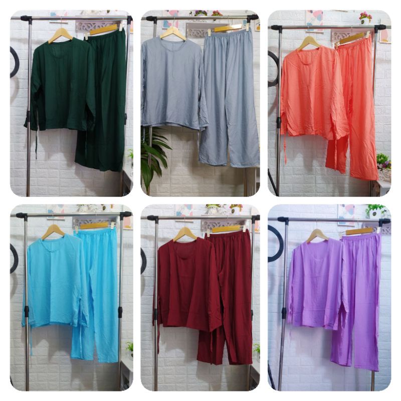 SET CELANA LENGAN PANJANG MOTIF POLOS RAYON BALI JUMBO XXL/BABY DOLL PANJANG/BAJU TIDUR WANITA MURAH