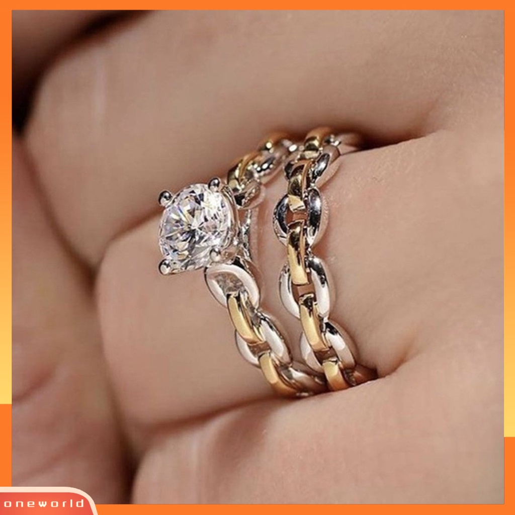 {oneworld} 2pcs/set Rantai Permukaan Halus Pernikahan Band Alloy Two-tone Berlian Imitasi Wanita Rings Charm Jewelry