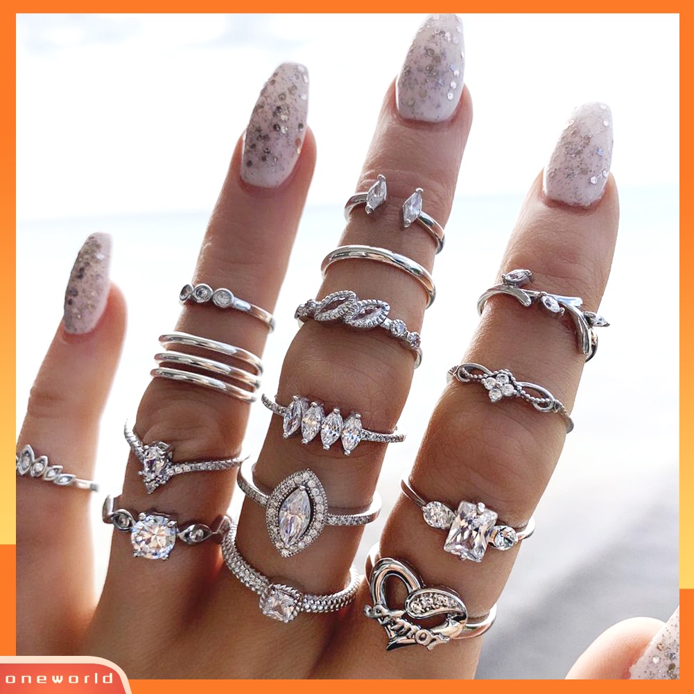 {oneworld} 15 Pcs/Set Wanita Bohemian Buatan Batu Permata Berlian Imitasi Jari Cincin Perhiasan Hadiah