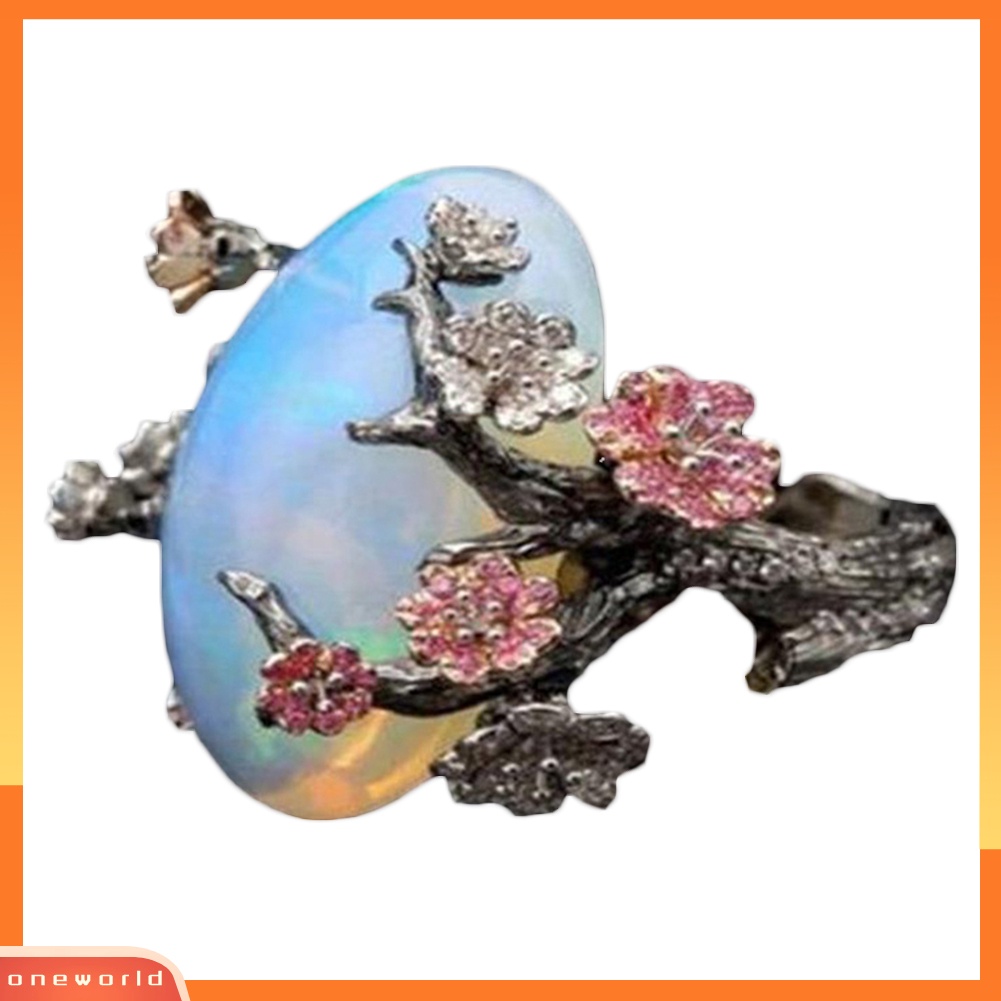 {oneworld} Vintage Wanita Imitasi Opal Plum Blossom Bunga Two Tone Jari Cincin Perhiasan Hadiah