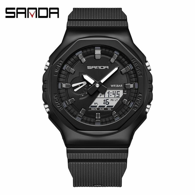 New Limited Jam Tangan Sanda 2100 Terlaris Dualtime Waterproof Display Men Watch Kasual