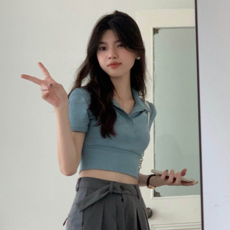 Red Keinginan Murni Gaya Gadis Panas Polo Kerah Lengan Pendek T-shirt Wanita Musim Panas Bordir Huruf Slim Fit Slim Pusar pendek Top Ins