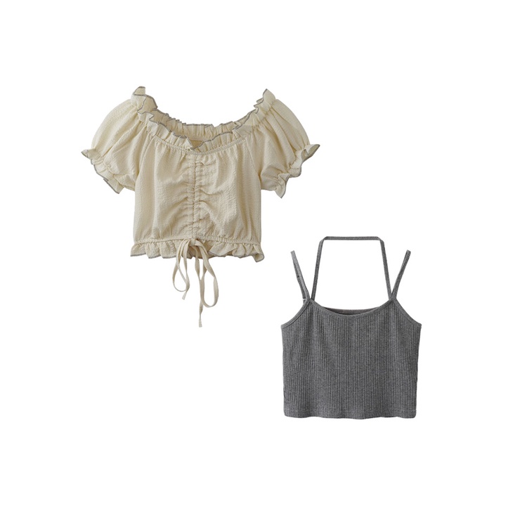 Red Pendek satu bahu T-shirt wanita 2023 musim panas engah lengan babes rasa desain niche off-the-shoulder keinginan murni pendek lengan atas