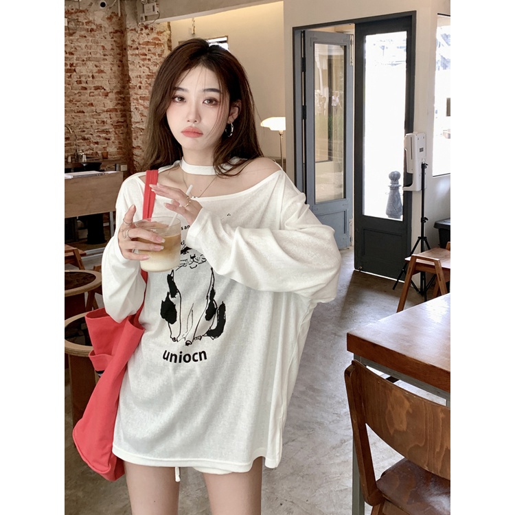 Red Kucing Amerika off-the-shoulder T-shirt wanita musim panas baru lengan panjang bawah hilang longgar tabir surya kemeja one-shoulder top