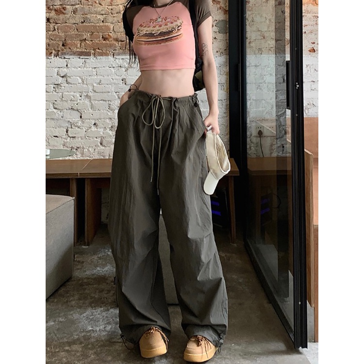 Red Gaya Amerika Overall Kasual Celana Wanita Musim Panas Baru Pinggang Tinggi Tali Retro Tabung Lurus Menggantungkan Lebar Kaki Celana longgar Celana