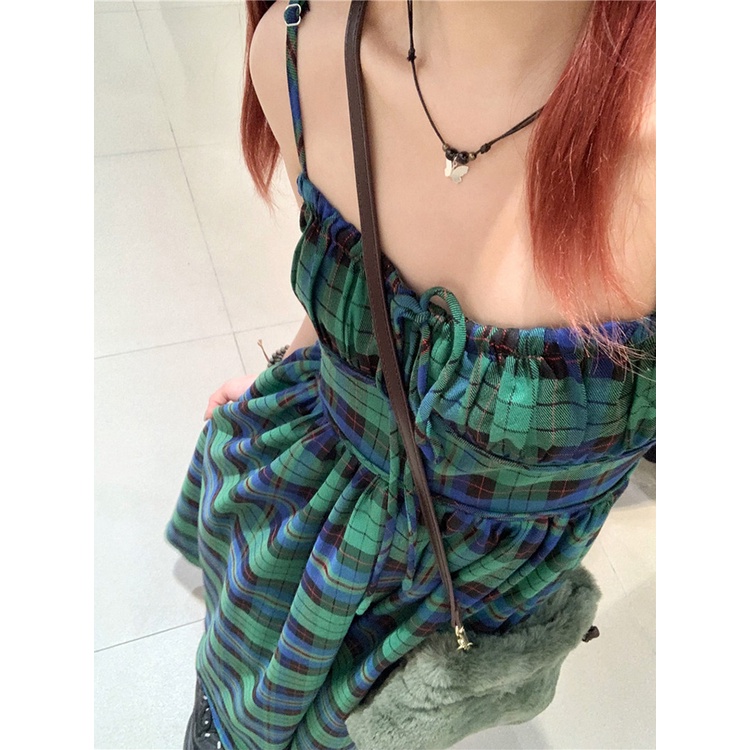 Red Gaun selempang kotak-kotak hijau wanita musim panas Perancis high-end liburan rok panjang rasa desain rok A-line ceruk