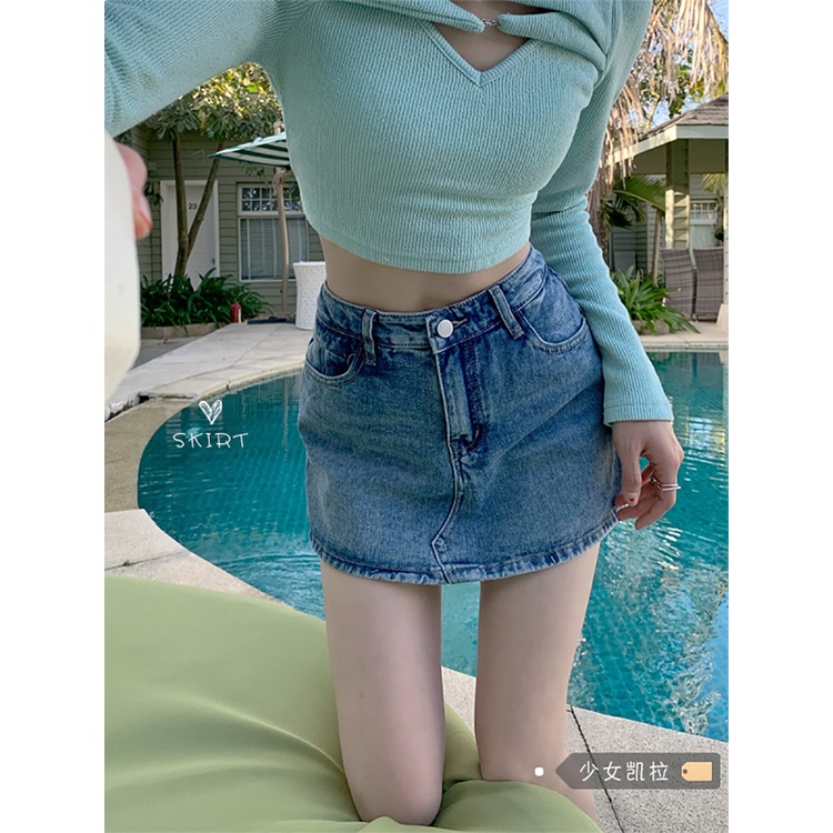 Red Hot girl kata denim rok perempuan musim panas 2023 baru pinggang tinggi tas pinggul rok mini rok hitam rok celana