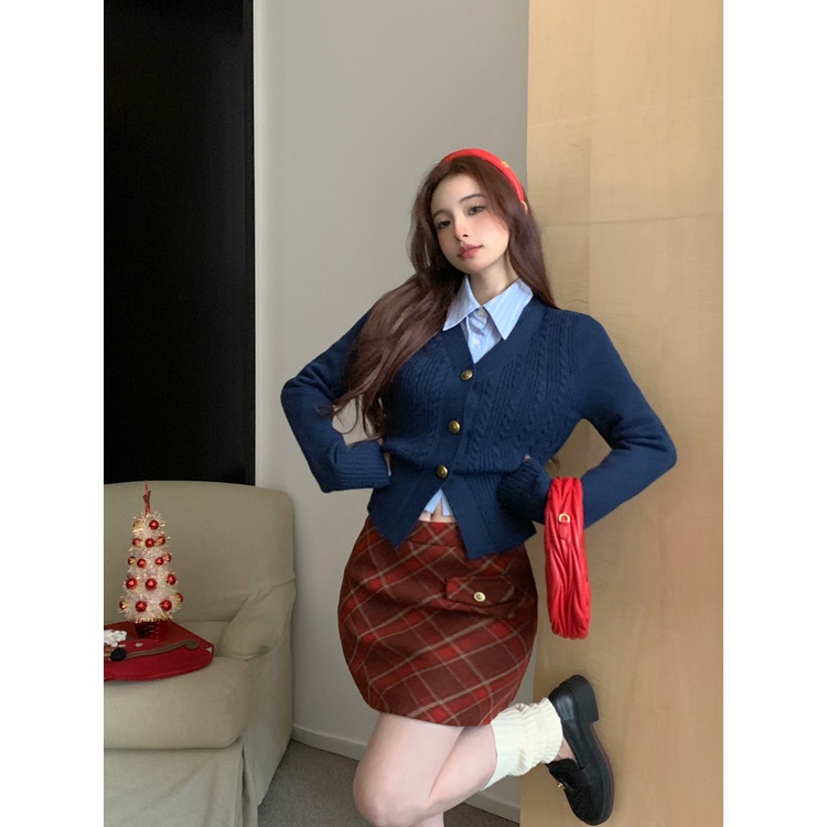 Red Retro American preppy suit wanita rajutan jaket kemeja musim semi dan musim gugur rok kotak-kotak rok kampus setelan jas tiga potong