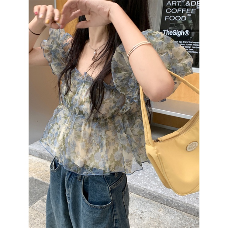 Red One-shoulder puff sleeve floral mesh shirt women s summer new design niche shirt short short-sleeve top