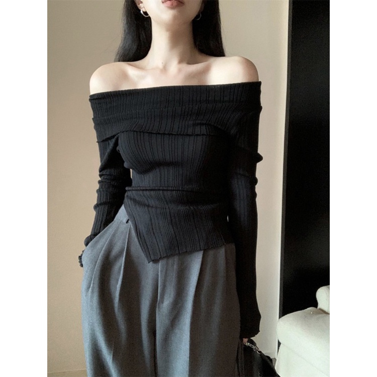 Red Sweater satu bahu yang manis dan pedas off-the-shoulder rajutan sweater wanita musim panas rasa desain kemeja one-shoulder bottoming hitam lengan panjang atas