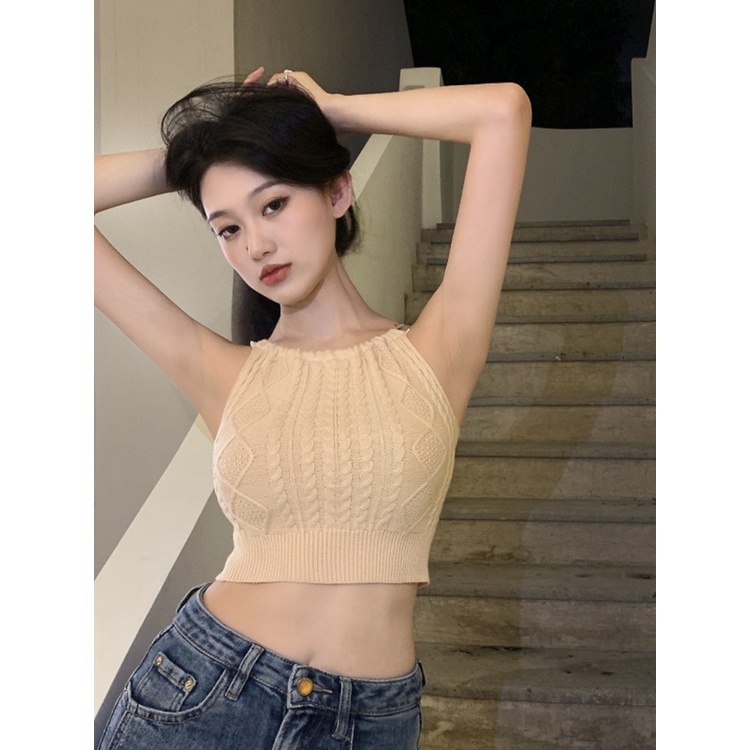 Red Keinginan murni merajut hijau menggantung leher kamisol wanita musim panas gadis panas di dalam dan di luar memakai rasa desain ceruk atasan putih