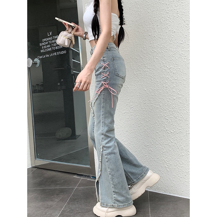 Red Gaya Amerika celah micro flared jeans wanita musim panas baru bertali pinggang tinggi hot girl slim straight design celana panjang