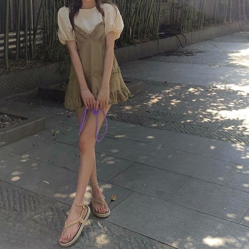 Red Gaun suspender pengurang usia retro untuk wanita musim panas setelan dua potong kecil rok a-line kasual rok pendek t-shirt atasan