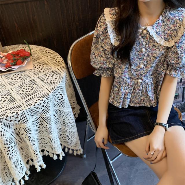 Red Setelan dua potong Korea lengan engah angin lembut French floral boneka kerah kemeja pinggang + rok denim musim panas