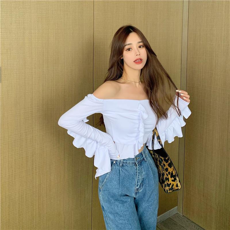 Red Lengan panjang one-neck top wanita musim semi dan musim gugur all-match kepribadian ruffles slim fit pendek T-shirt seksi trendi