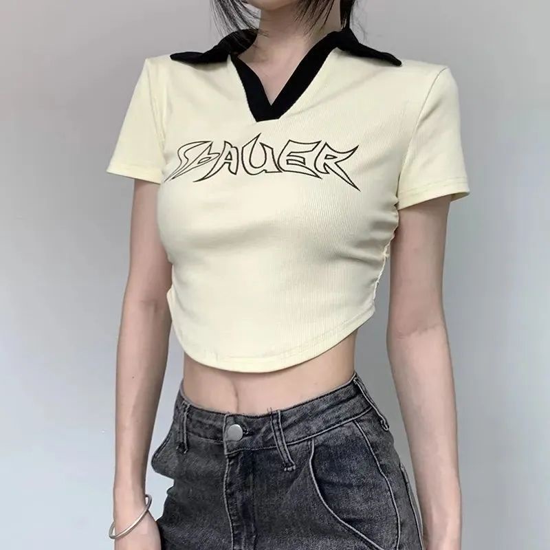 Red American retro lapel design letter printing lengan pendek T-shirt babes regular slim slim navel top summer