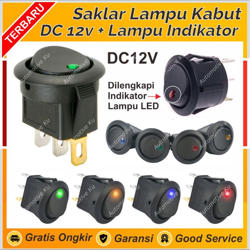 SAKLAR DC 12V 12 VOLT SWITCH ON OFF ON HITAM  BULAT 2 PIN TANAM DILENGKAPI LAMPU INDIKATOR LED MOBIL