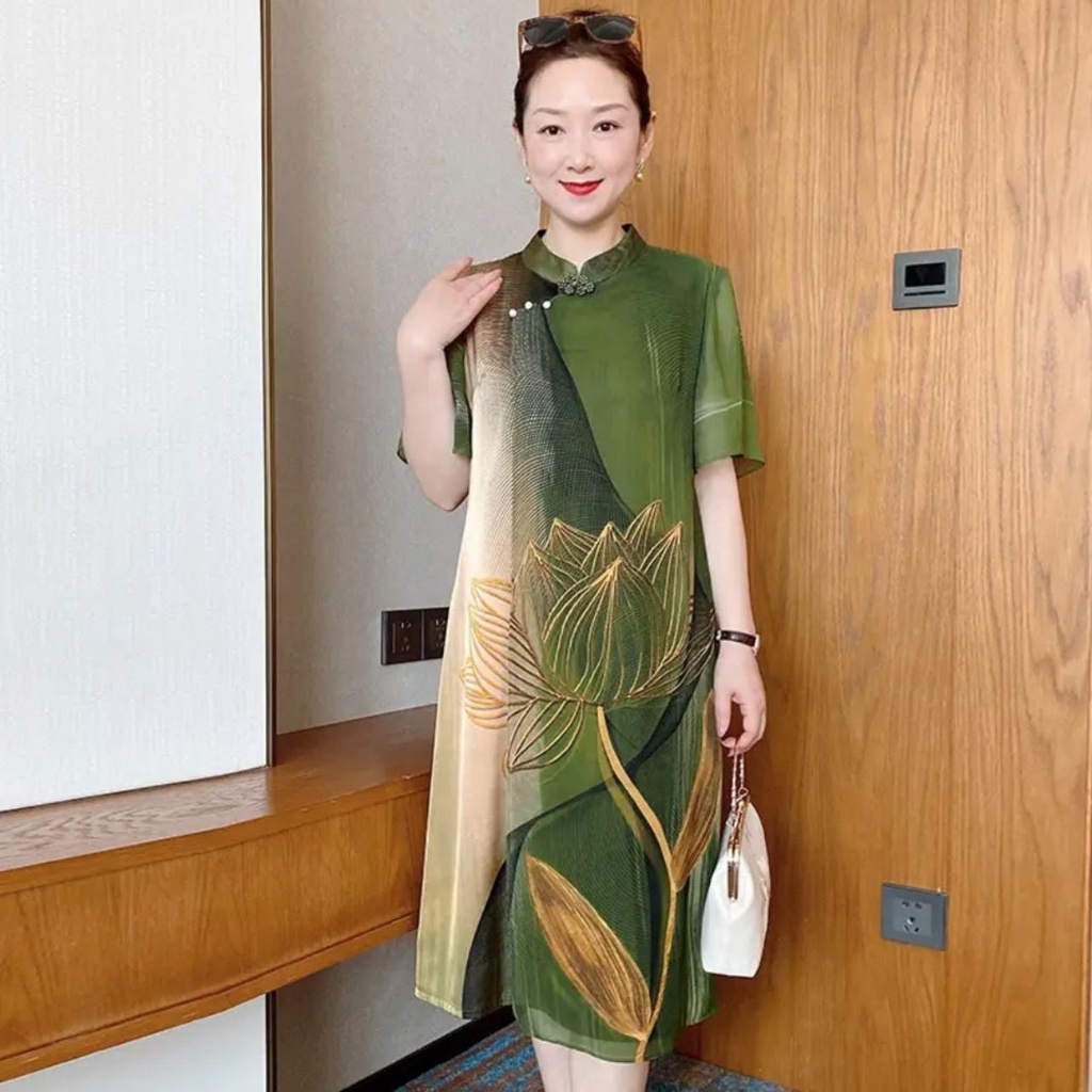 Hazel.Green Fashion Ibu Elegan Gaun Musim Panas Gaun 2022 Setengah Baya Temperamen Longgar Rok Seten