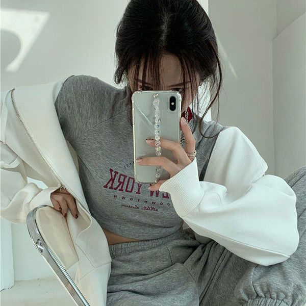 Red Pinggang tinggi bagian pendek terkena pusar lengan panjang abu-abu T-shirt wanita musim gugur ketat warna kontras jahitan bottoming kemeja jaring atasan merah in perbaikan