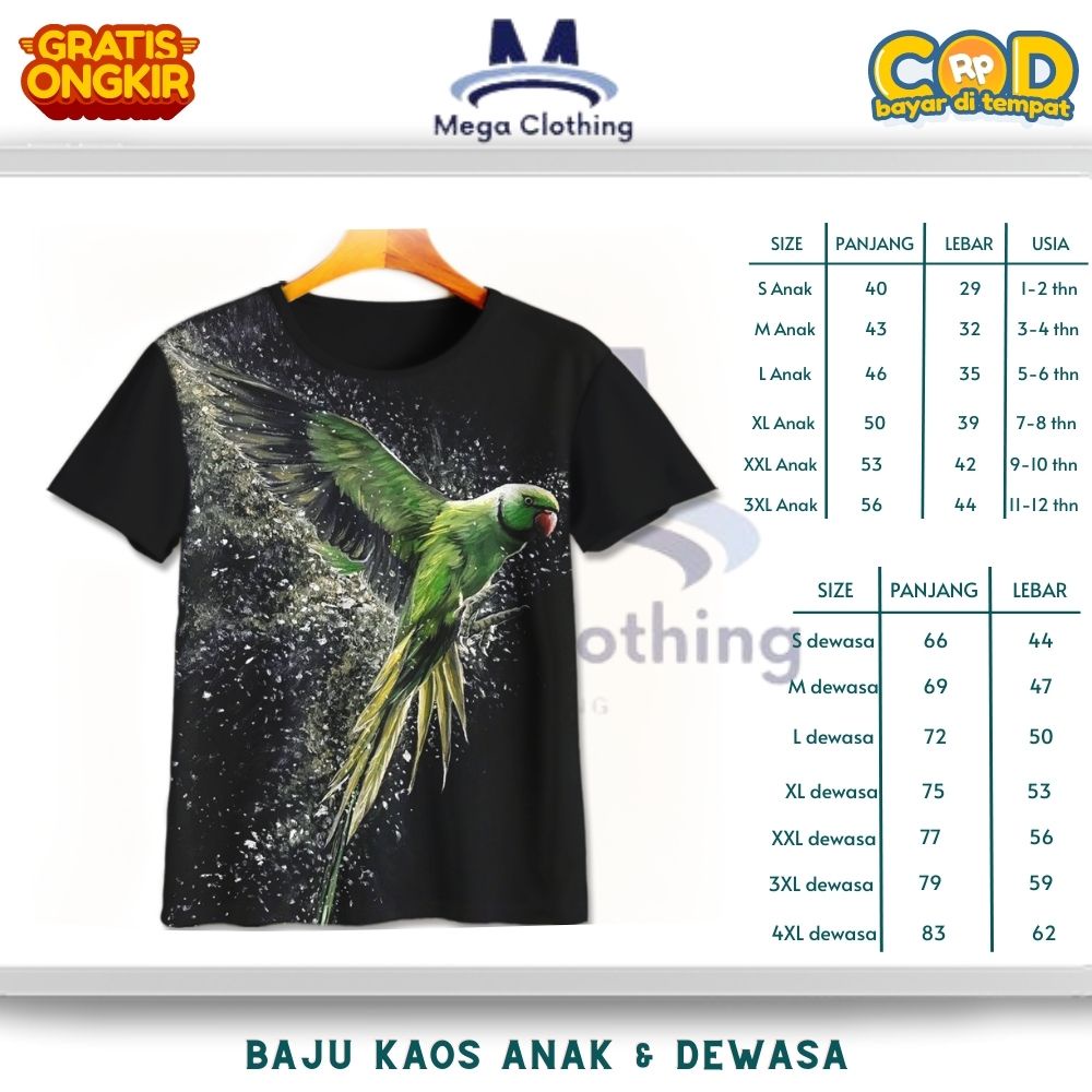 Kaos Hewan / Binatang Burung Parkit Echo Anak & Dewasa - Baju Couple Anak & Dewasa Burung Parkit Ech