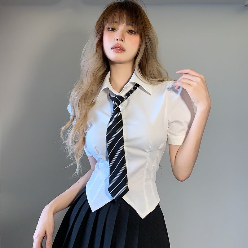 Red Rapcopter Korean college style puff sleeve shirt female POLO gift tie breasted slim fit all-match top summer