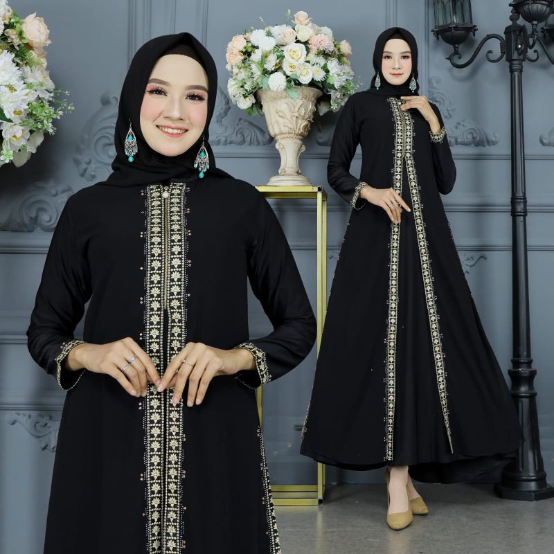 Abaya terbaru my muslimah gamis dubai madinah bahira jetblack super mix ceruty tabur swarovski