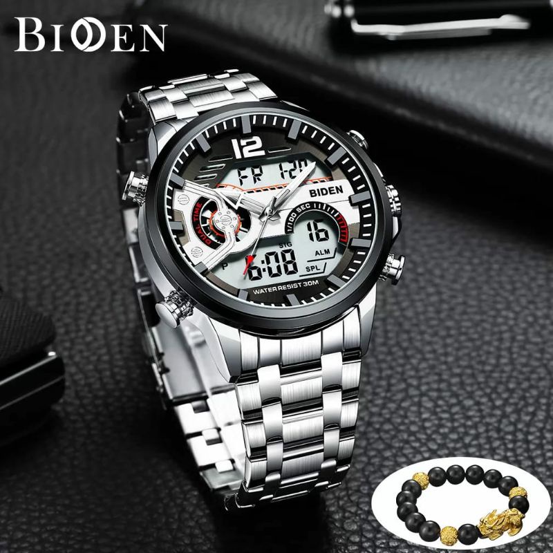 ORIGINAL BIDEN DUALTIME STAINLISS STEEL HARDGLASS TERLARIS JAM TANGAN PRIA BIDEN KASUAL KUARSA GERAKAN QUARTZ